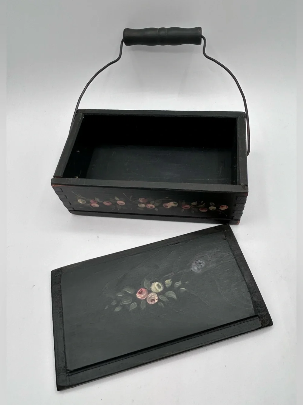 Vintage 90s Hand Painted Wooden Tole Box With Wire Handle Black Floral